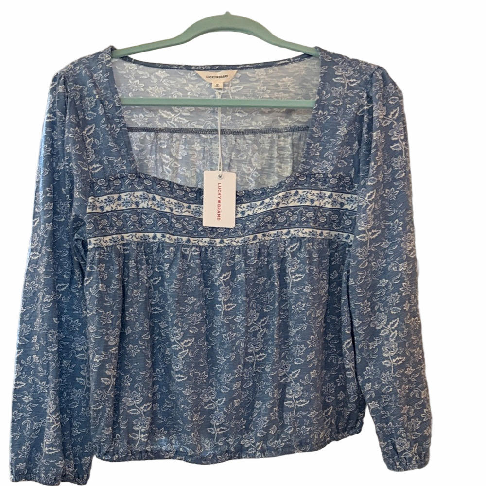 Lucky Brand NWT blue and white floral long cotton sleeves bubble hem size M